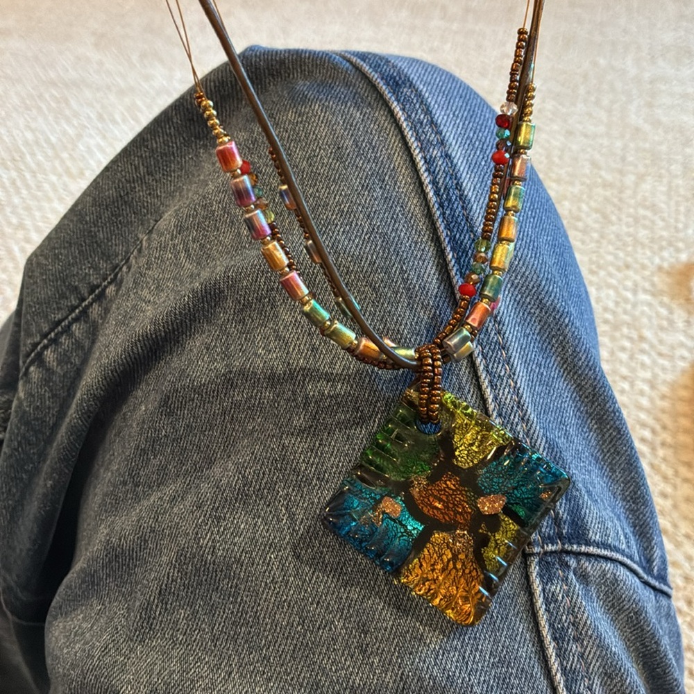 Art Fair Find! Multicolor Dichroic Glass Pendant Necklace - Multi layered